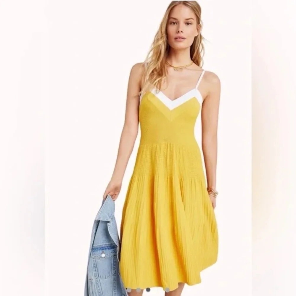 Anthropologie Eva Franco Jolie pleated knit Tiered Dress Yellow 33634